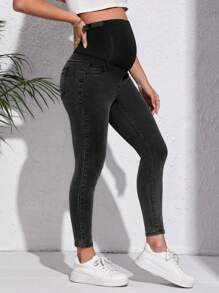 SHEIN Maternidad Jeans ajustados de cintura ancha - Gris Oscuro - Ver 3