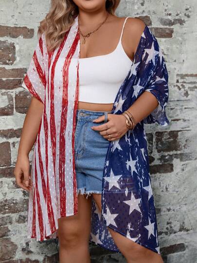SHEIN LUNE 加美式美国国旗印花蝙蝠袖雪纺和服（不含吊带背心），7 月 4 日