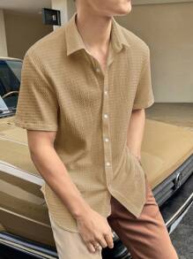 Manfinity Homme 男士寬鬆實色鈕扣襯衫 - 卡其色 - 查看 1