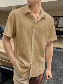 Manfinity Homme 男士寬鬆實色鈕扣襯衫 - 卡其色 - 查看 2