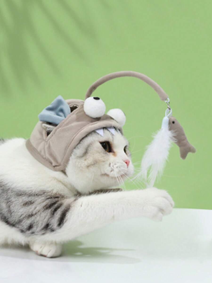 1pc Cartoon Design Feather Decor Pet Headwear For Cat For Playing - Grey - View 1