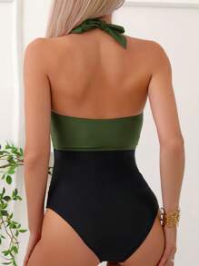 SHEIN Swim Summer Beach Two Tone Knot Front Halter One Piece Swimsuit - Multicolor - View 2