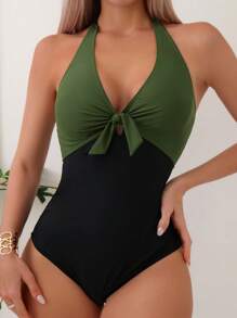 SHEIN Swim Summer Beach Two Tone Knot Front Halter One Piece Swimsuit - Multicolor - View 6