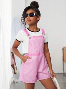 SHEIN 女孩素色背帶連體短褲不帶T恤