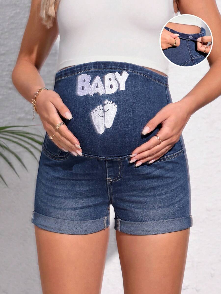 SHEIN 孕婦字母圖案卷邊牛仔短褲 - 深色水洗藍 - 查看 1