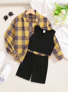 SHEIN 女孩格紋印花襯衫和背心上衣和短褲