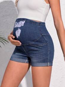 SHEIN 孕婦字母圖案卷邊牛仔短褲 - 深色水洗藍 - 查看 3