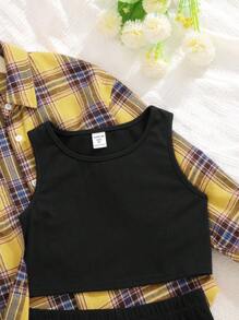 SHEIN 女孩格紋印花襯衫和背心上衣和短褲