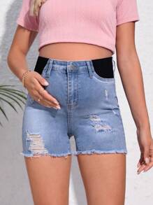 SHEIN Maternity Ripped Raw Hem Denim Shorts - Light Wash - View 1