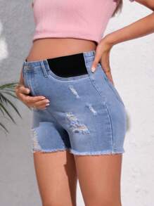 SHEIN Maternity Ripped Raw Hem Denim Shorts - Light Wash - View 3