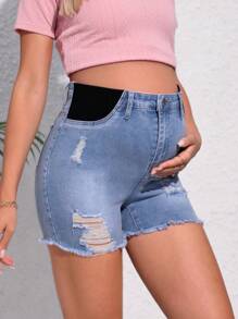 SHEIN Maternity Ripped Raw Hem Denim Shorts - Light Wash - View 4