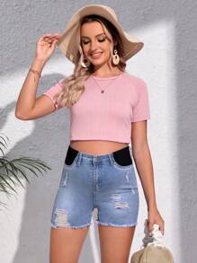SHEIN Maternity Ripped Raw Hem Denim Shorts - Light Wash - View 5