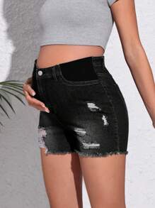 SHEIN Maternity Wideband Waist Ripped Raw Hem Denim Shorts - Black - View 4