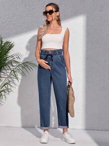 SHEIN Maternity Paperbag Waist Mom Fit Jeans - Dark Wash - View 1