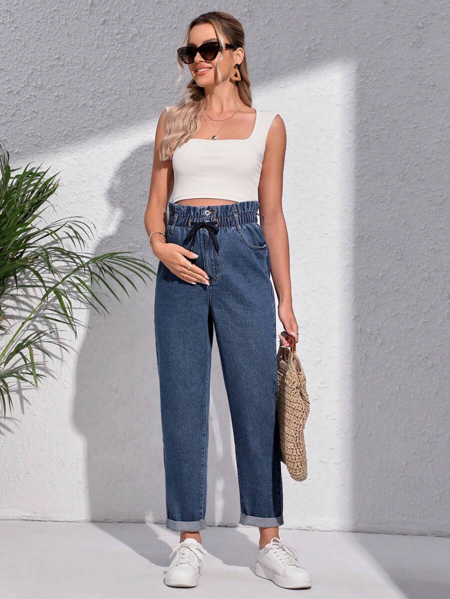 SHEIN Maternity Paperbag Waist Mom Fit Jeans - Dark Wash - View 1