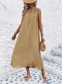 Breezaya Solid Keyhole Back Sleeveless Dress - Apricot - View 3