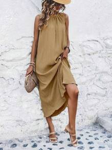 Breezaya Solid Keyhole Back Sleeveless Dress - Apricot - View 4