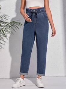 SHEIN Maternity Paperbag Waist Mom Fit Jeans - Dark Wash - View 3