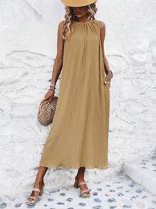 Breezaya Solid Keyhole Back Sleeveless Dress - Apricot - View 5