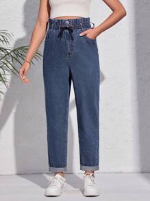 SHEIN Maternity Paperbag Waist Mom Fit Jeans - Dark Wash - View 4