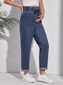 SHEIN Maternity Paperbag Waist Mom Fit Jeans - Dark Wash - View 5