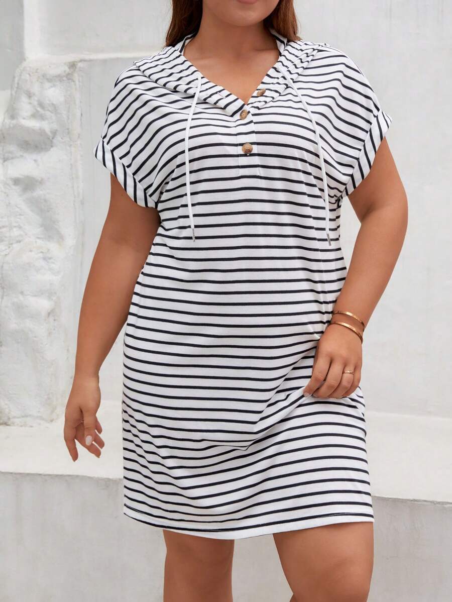 SHEIN Frenchy Đầm Plus Size Nút Dây kéo Sọc Giải trí - Đen và trắng - Xem 1