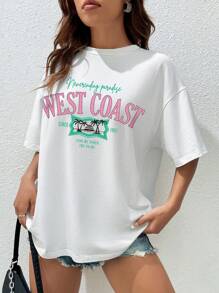 SHEIN EZwear Áo phông Quá khổ Đồ họa Khẩu hiệu Thả vai - trắng - Xem 1