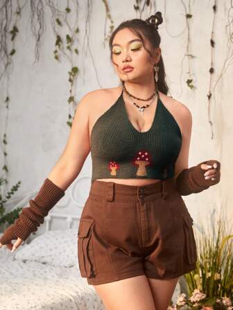 Fairycore Top de punto con patrón de seta de espalda abierta con cordón halter