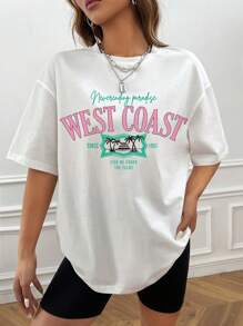 SHEIN EZwear Áo phông Quá khổ Đồ họa Khẩu hiệu Thả vai - trắng - Xem 4