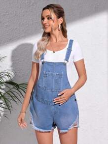 SHEIN 孕婦毛邊牛仔背帶褲不帶T恤 - 中等水洗藍 - 查看 1