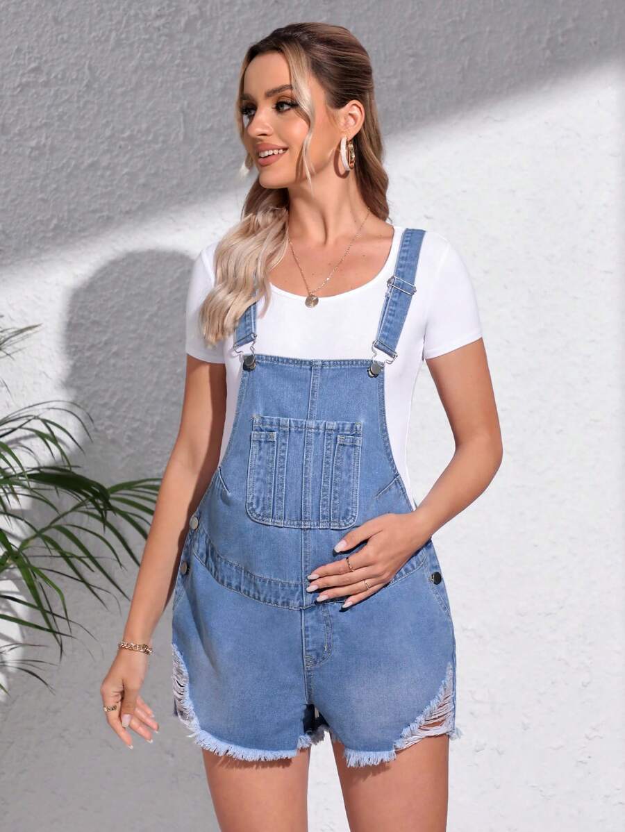 SHEIN 孕婦毛邊牛仔背帶褲不帶T恤 - 中等水洗藍 - 查看 1