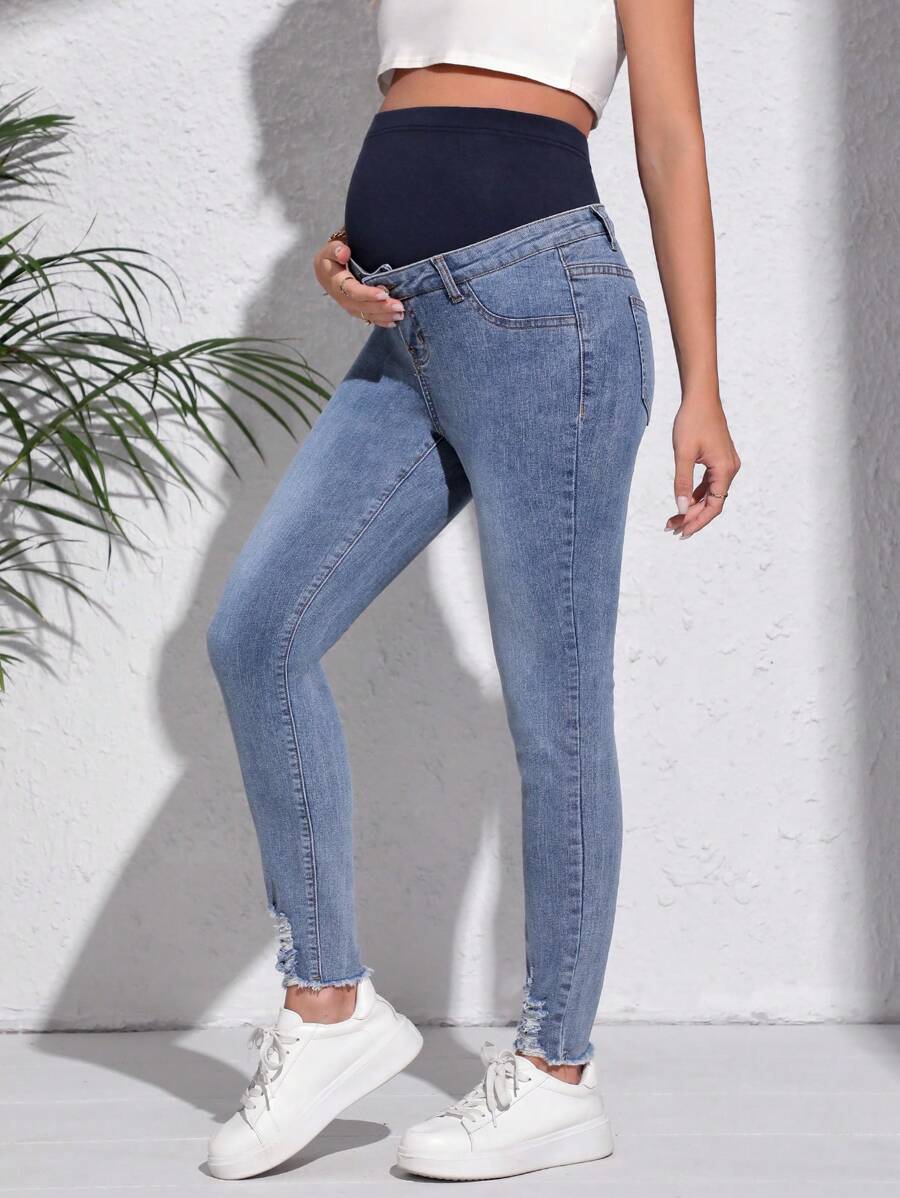 SHEIN Quần jean bà bầu Nút Túi Hem thô Khối Màu - Rửa trung bình - Xem 1