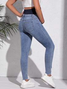 SHEIN Quần jean bà bầu Nút Túi Hem thô Khối Màu - Rửa trung bình - Xem 2