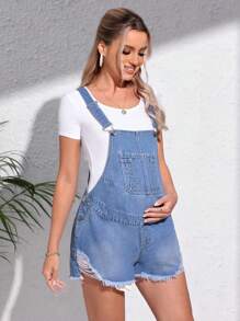 SHEIN 孕婦毛邊牛仔背帶褲不帶T恤 - 中等水洗藍 - 查看 5