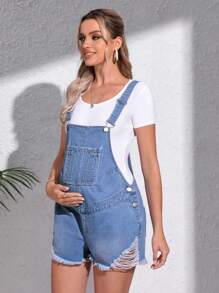 SHEIN 孕婦毛邊牛仔背帶褲不帶T恤 - 中等水洗藍 - 查看 6