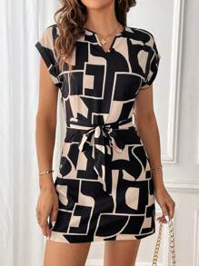 SHEIN Clasi Geo Print Notched Neckline Batwing Sleeve Belted Dress - Multicolor - View 3