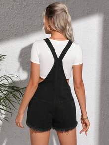SHEIN Thai sản Raw Hem Quần short Denim Overall - màu đen - Xem 2