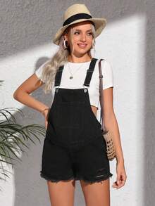 SHEIN Thai sản Raw Hem Quần short Denim Overall - màu đen - Xem 4