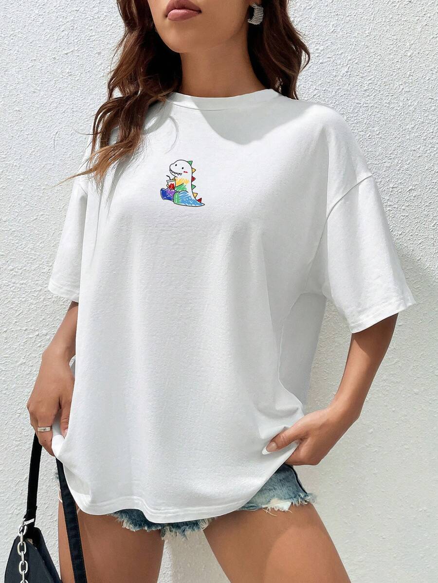 SHEIN EZwear Áo thun cổ tròn tay ngắn Dolman in hình khủng long cỡ lớn dành cho nữ, phù hợp cho mùa hè, dành cho cả nam và nữ - trắng - Xem 1