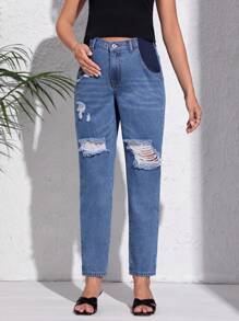 SHEIN 孕婦破洞直筒牛仔褲 - 中等水洗藍 - 查看 5