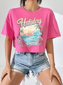 SHEIN EZwear 休閒字母 熱帶印花女士T恤 - 粉色 - 查看 1