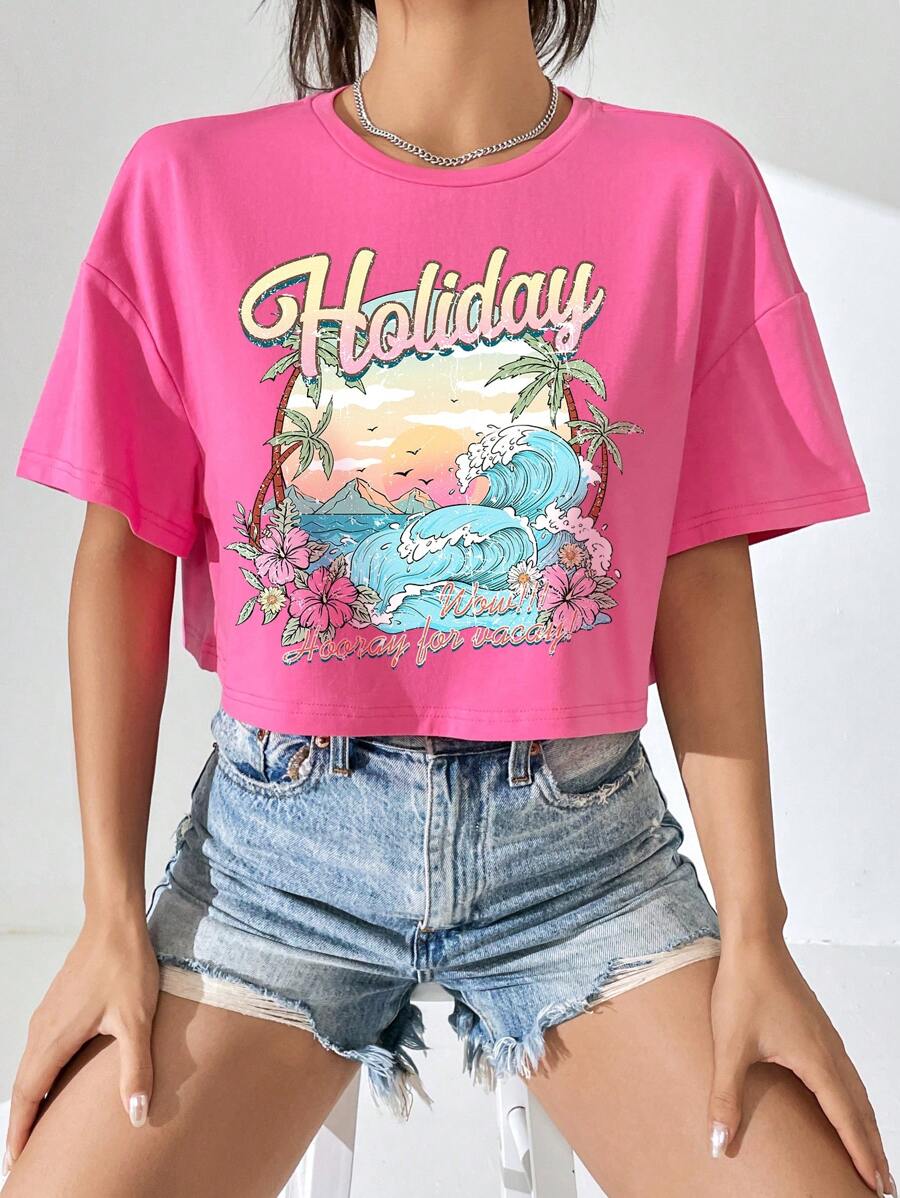 SHEIN EZwear 休閒字母 熱帶印花女士T恤 - 粉色 - 查看 1