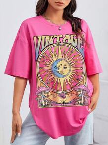 SHEIN EZwear Sun & Moon Print Drop Shoulder Oversized Tee - Pink - View 1