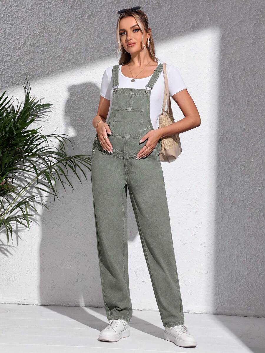 SHEIN Maternity Patched Pocket Denim Dungarees Without Tee - Army Green - View 1