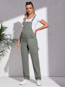 SHEIN Maternity Patched Pocket Denim Dungarees Without Tee - Army Green - View 3