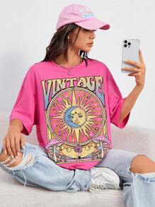 SHEIN EZwear Sun & Moon Print Drop Shoulder Oversized Tee - Pink - View 4