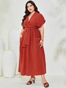 Mulvari 大碼蝙蝠袖繫腰帶洋裝 - 鏽棕色 - 查看 3