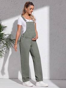 SHEIN Maternity Patched Pocket Denim Dungarees Without Tee - Army Green - View 5