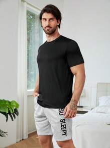Men 1pc Solid Tee & 1pc Letter Graphic Shorts PJ Set / Pajama Set - Black - View 3