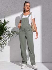 SHEIN Maternity Patched Pocket Denim Dungarees Without Tee - Army Green - View 6